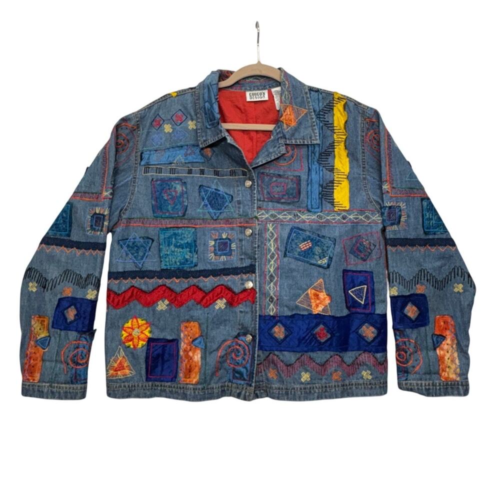 Chicos Vintage Jacket Womens Large Embroidered Patchwork Denim Funky Art to Wear